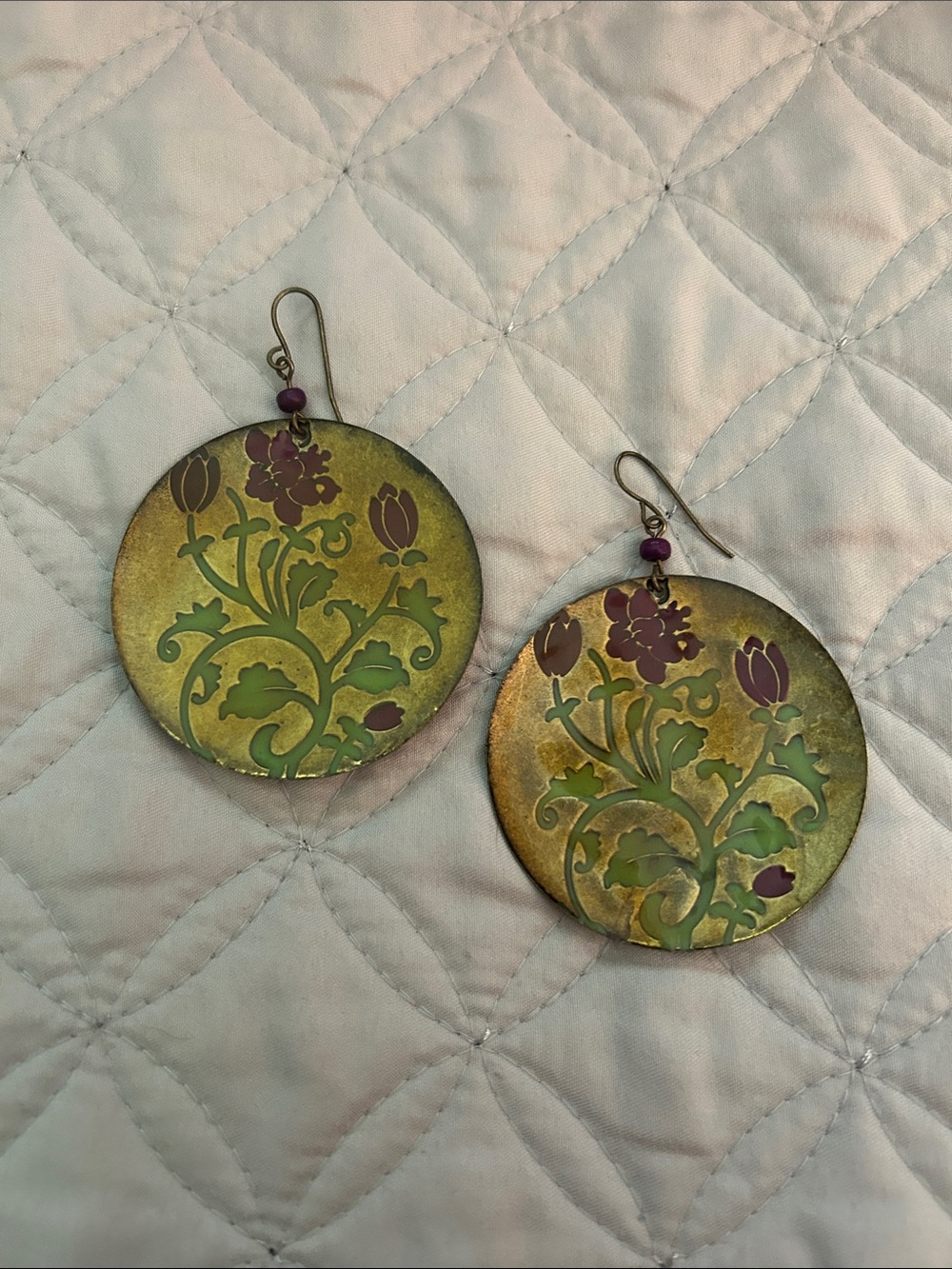 Floral Round Metal Drop Pierced Earrings in Olive Green and Burgundy
